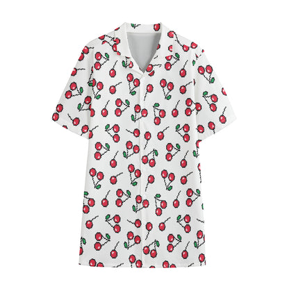 Pixel Cherry Pattern Print Cotton Hawaiian Shirt