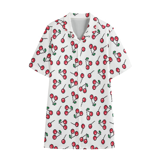 Pixel Cherry Pattern Print Cotton Hawaiian Shirt