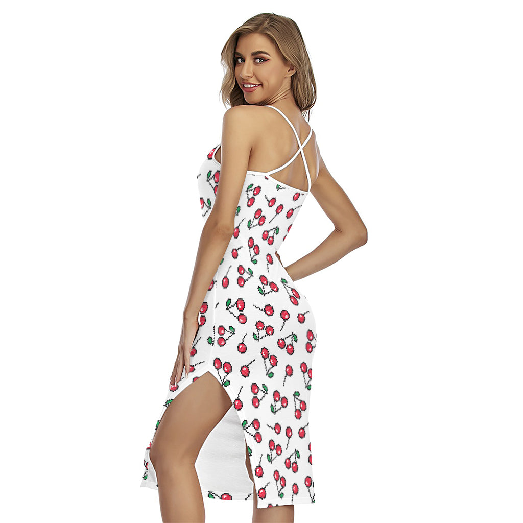 Pixel Cherry Pattern Print Cross Back Cami Dress