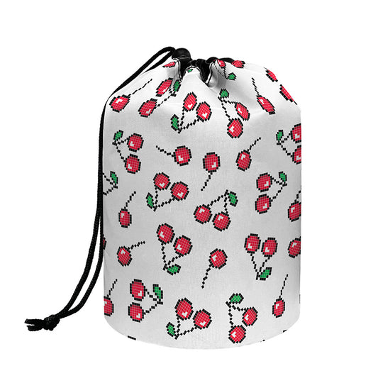 Pixel Cherry Pattern Print Drawstring Makeup Bag