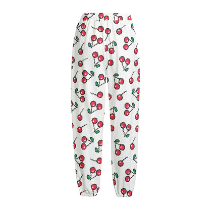 Pixel Cherry Pattern Print Fleece Lined Knit Pants