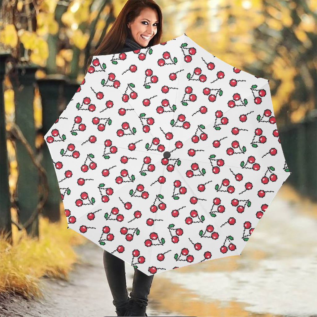 Pixel Cherry Pattern Print Foldable Umbrella