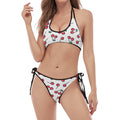 Pixel Cherry Pattern Print Halter Scoop Tie Side Bikini