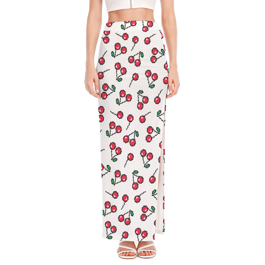 Pixel Cherry Pattern Print High Slit Maxi Skirt