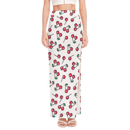 Pixel Cherry Pattern Print High Slit Maxi Skirt