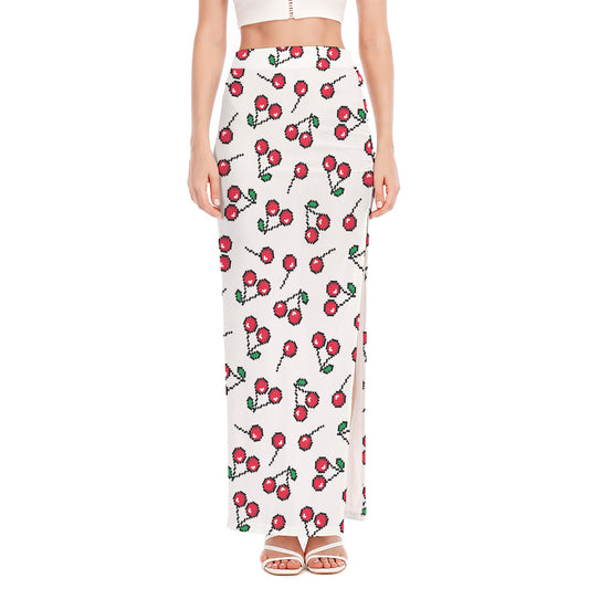Pixel Cherry Pattern Print High Slit Maxi Skirt