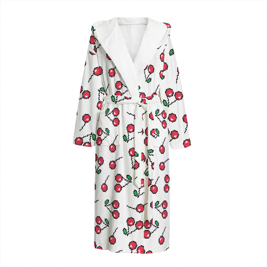 Pixel Cherry Pattern Print Hooded Bathrobe