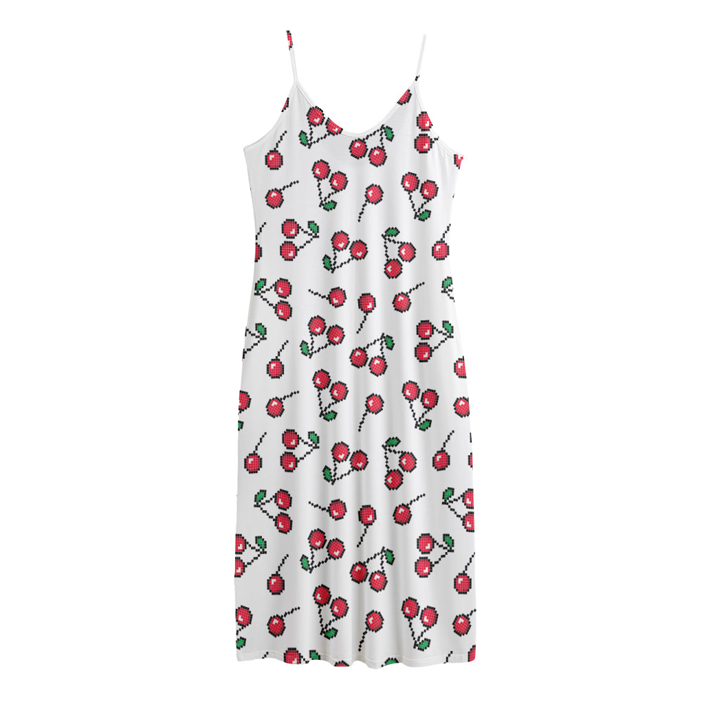 Pixel Cherry Pattern Print Jersey Midi Cami Dress