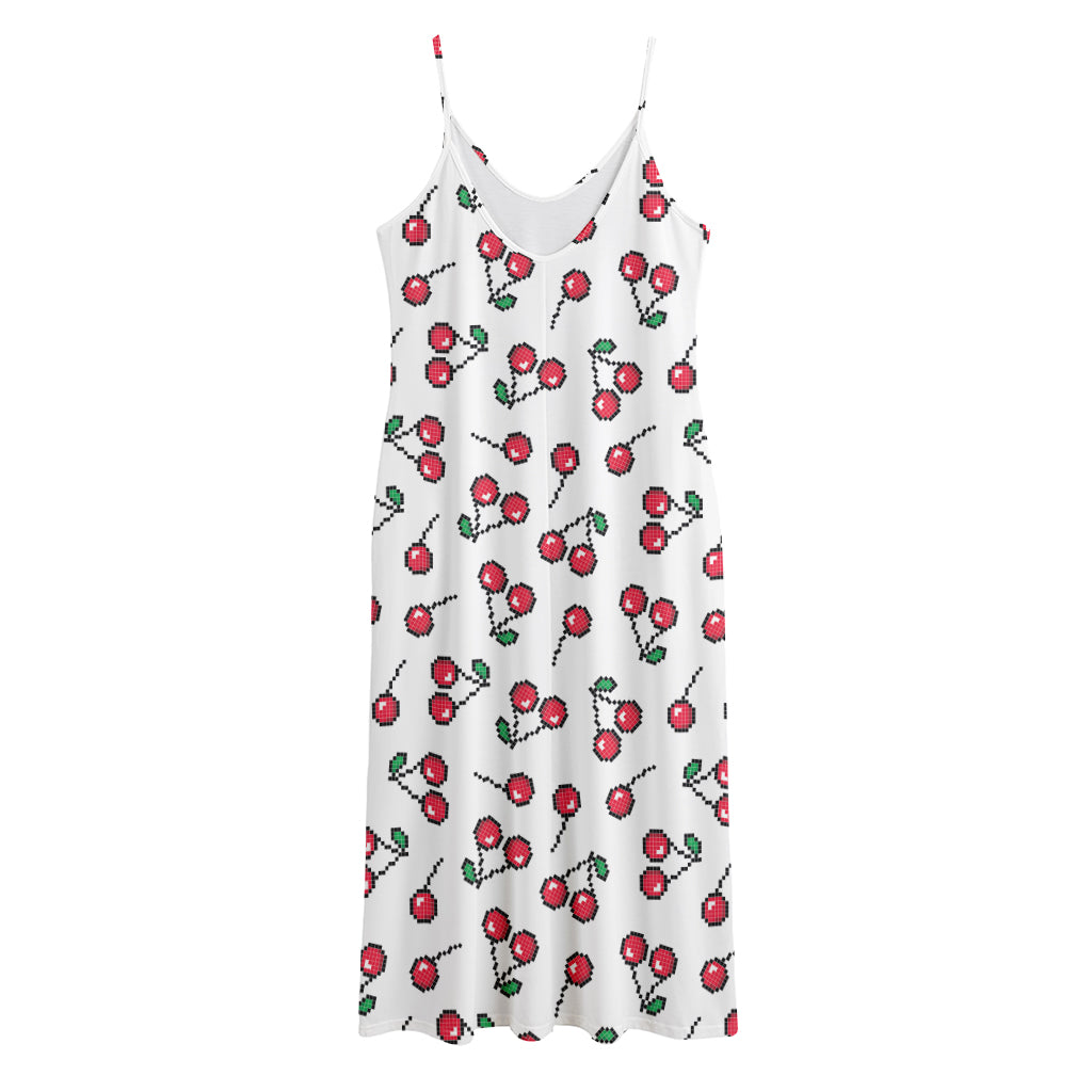 Pixel Cherry Pattern Print Jersey Midi Cami Dress