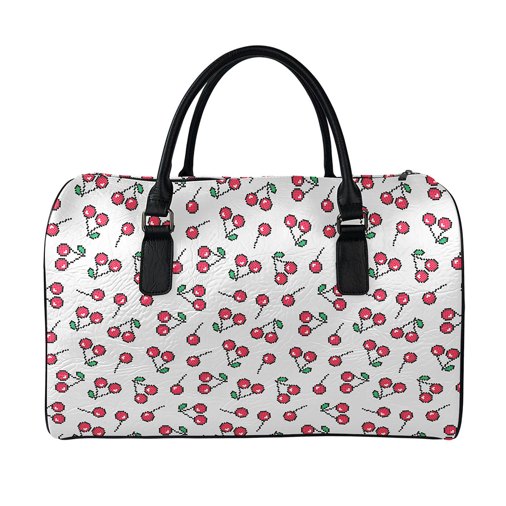 Pixel Cherry Pattern Print Leather Duffle Bag