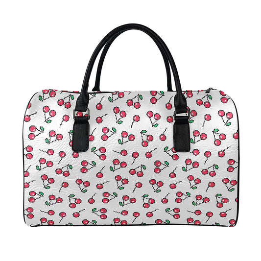 Pixel Cherry Pattern Print Leather Duffle Bag