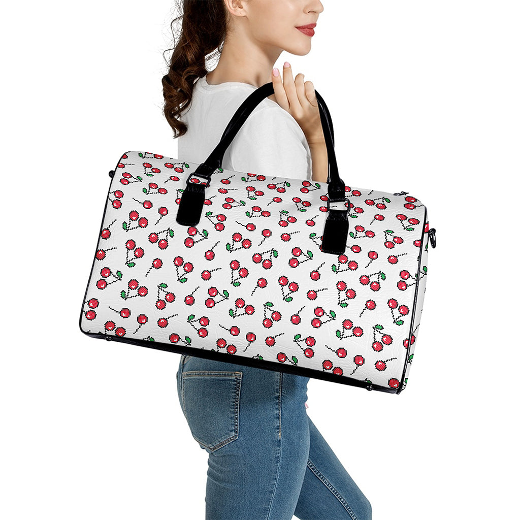 Pixel Cherry Pattern Print Leather Duffle Bag