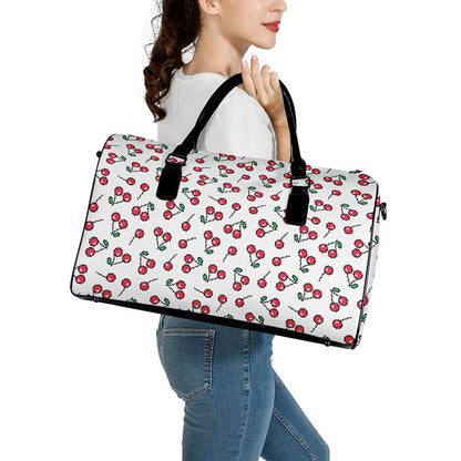 Pixel Cherry Pattern Print Leather Duffle Bag