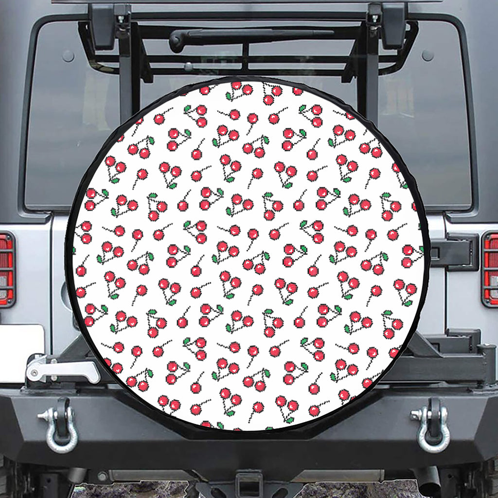 Pixel Cherry Pattern Print Leather Spare Tire Cover