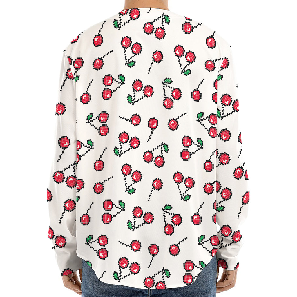 Pixel Cherry Pattern Print Long Sleeve Baseball Jersey