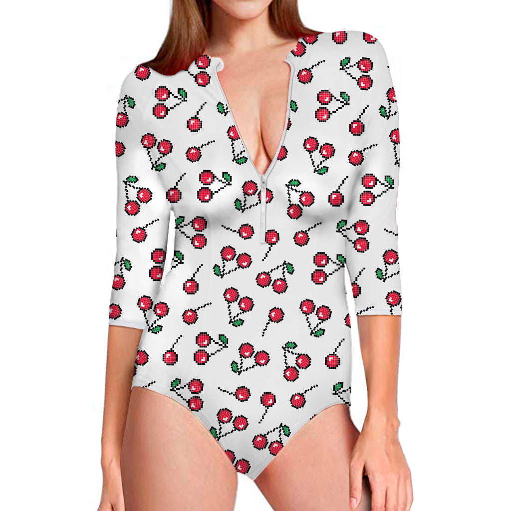 Pixel Cherry Pattern Print Long Sleeve Swimsuit