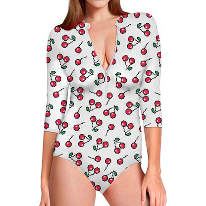 Pixel Cherry Pattern Print Long Sleeve Swimsuit