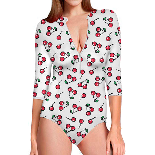 Pixel Cherry Pattern Print Long Sleeve Swimsuit