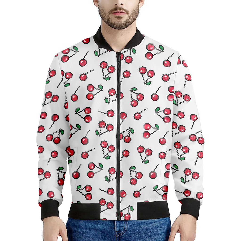 Pixel Cherry Pattern Print Men's Bomber Jacket