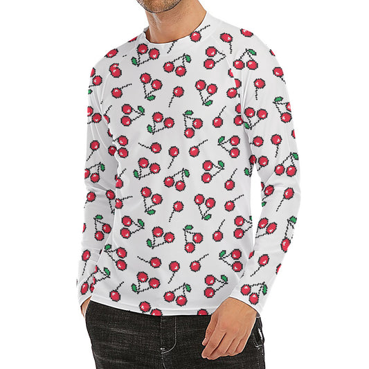 Pixel Cherry Pattern Print Men's Long Sleeve Rash Guard