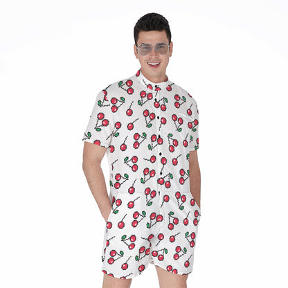 Pixel Cherry Pattern Print Men's Rompers