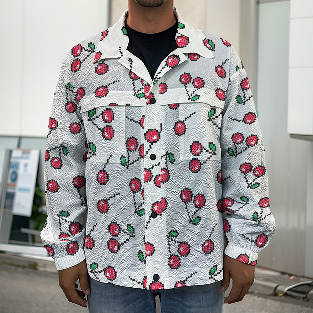 Pixel Cherry Pattern Print Men's Shirt Jacket