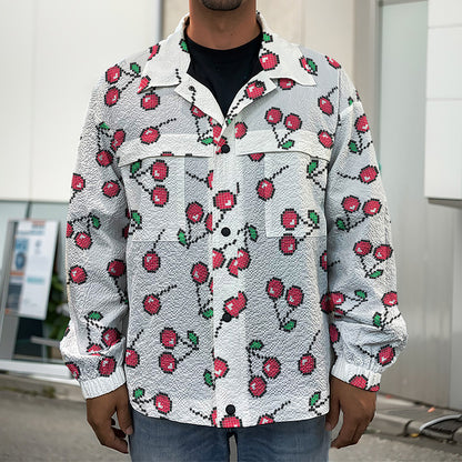 Pixel Cherry Pattern Print Men's Shirt Jacket
