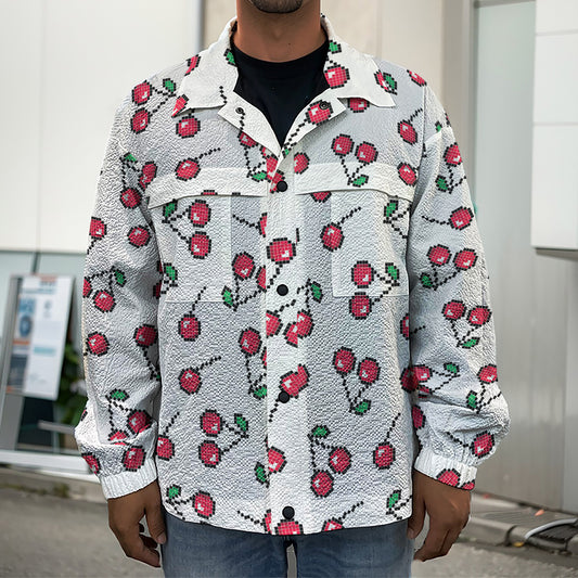Pixel Cherry Pattern Print Men's Shirt Jacket