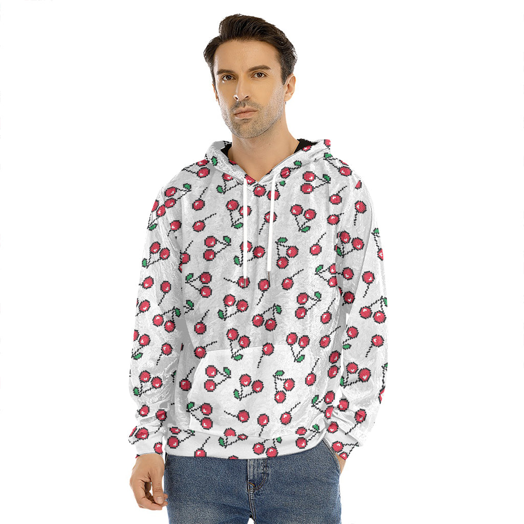 Pixel Cherry Pattern Print Men's Velvet Pullover Hoodie