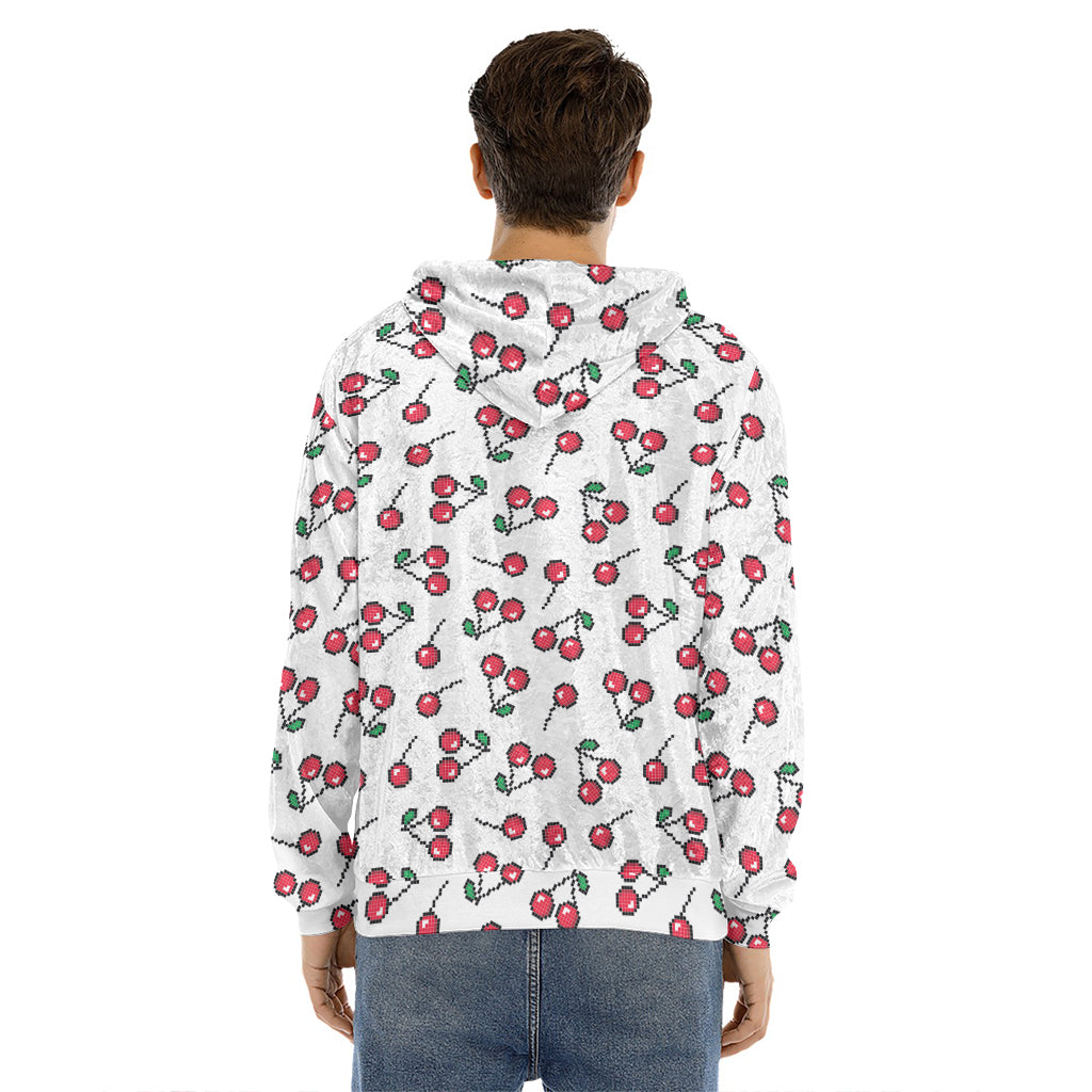 Pixel Cherry Pattern Print Men's Velvet Pullover Hoodie