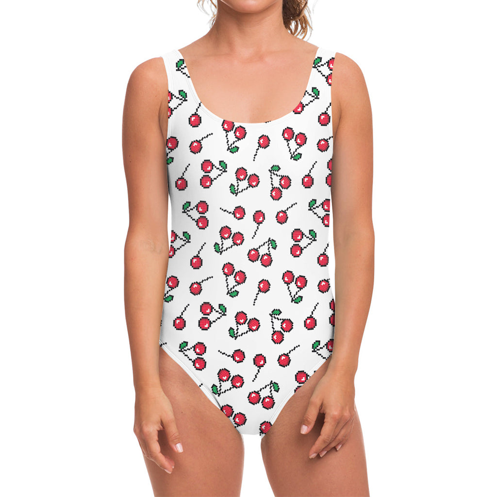 Pixel Cherry Pattern Print One Piece Swimsuit