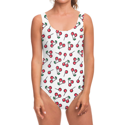 Pixel Cherry Pattern Print One Piece Swimsuit