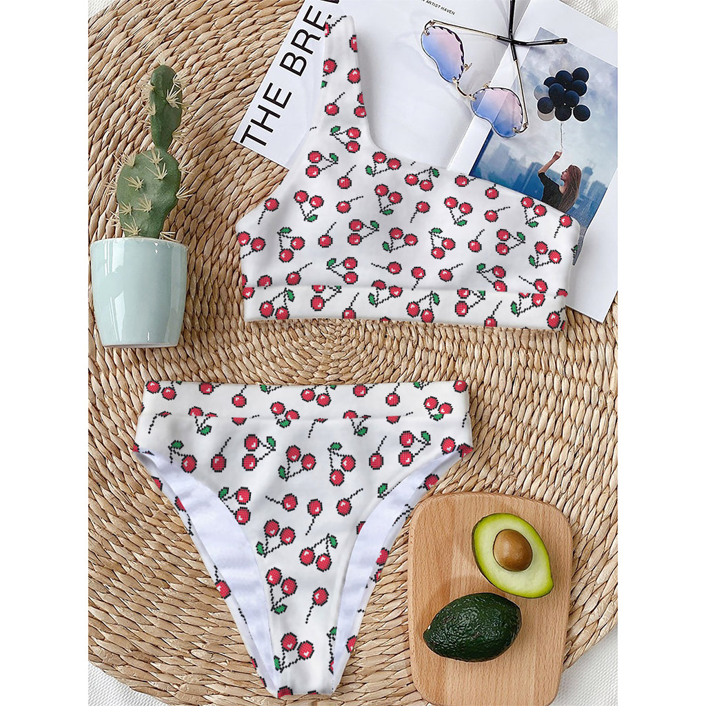 Pixel Cherry Pattern Print One Shoulder Bikini Top