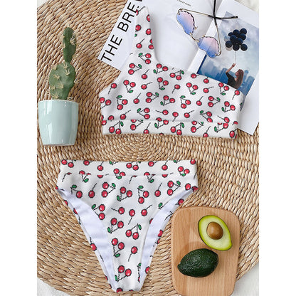 Pixel Cherry Pattern Print One Shoulder Bikini Top