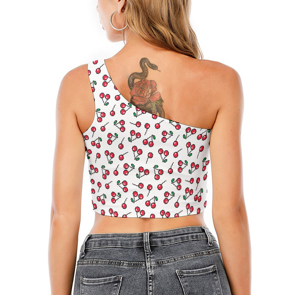 Pixel Cherry Pattern Print One Shoulder Crop Top