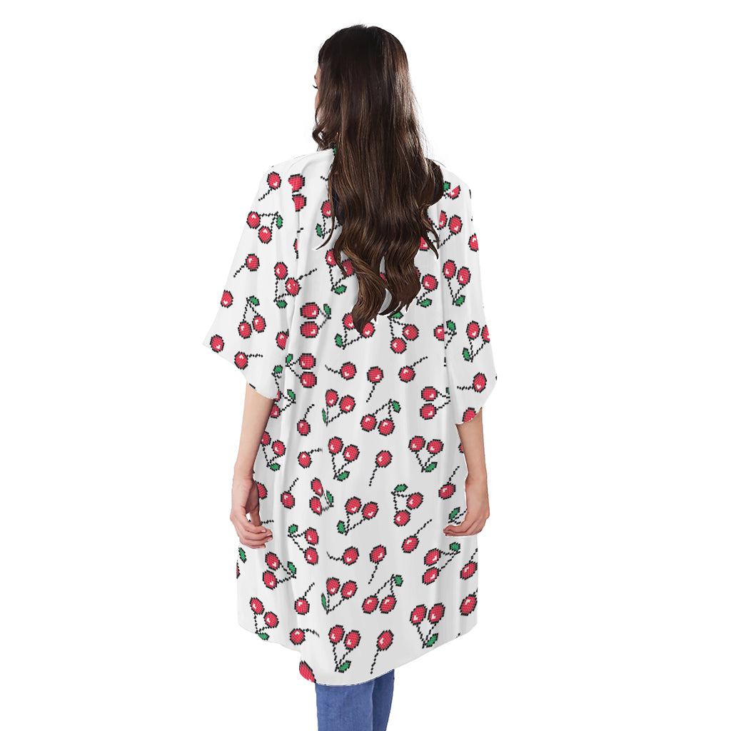 Pixel Cherry Pattern Print Open Front Beach Cover Up