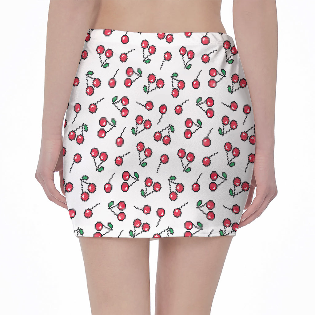 Pixel Cherry Pattern Print Pencil Mini Skirt