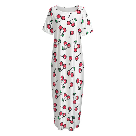 Pixel Cherry Pattern Print Short Sleeve Long Nightdress