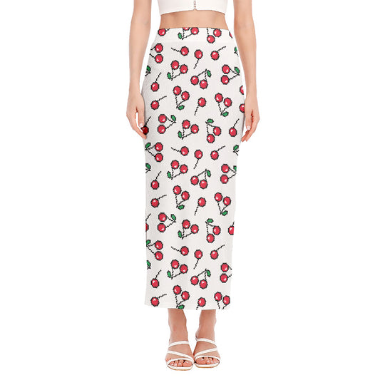 Pixel Cherry Pattern Print Side Slit Maxi Skirt