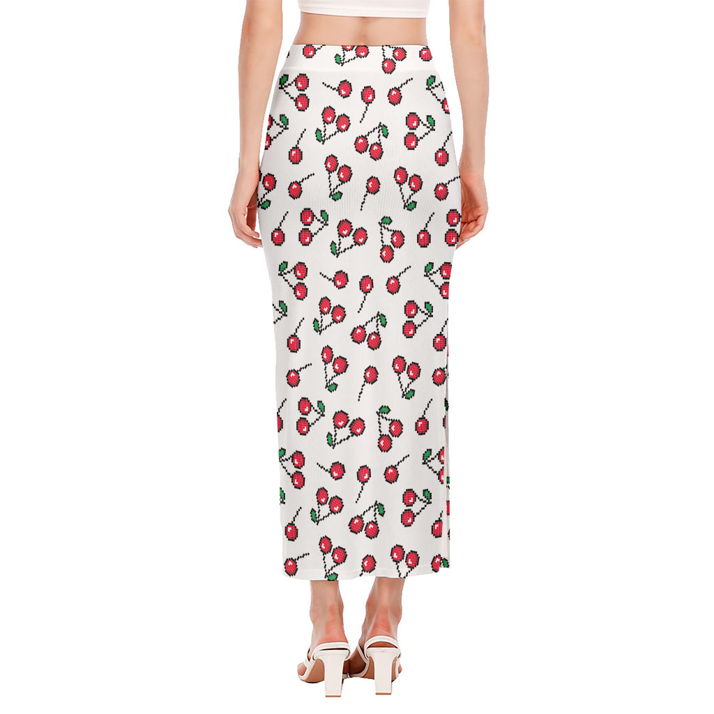 Pixel Cherry Pattern Print Side Slit Maxi Skirt