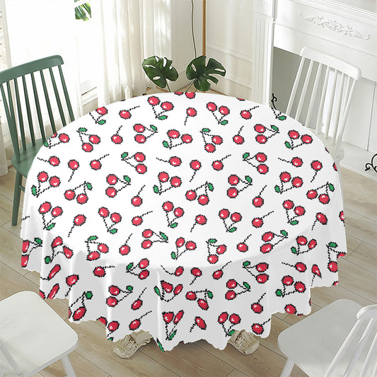 Pixel Cherry Pattern Print Waterproof Round Tablecloth