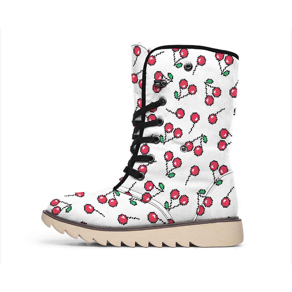 Pixel Cherry Pattern Print Winter Boots