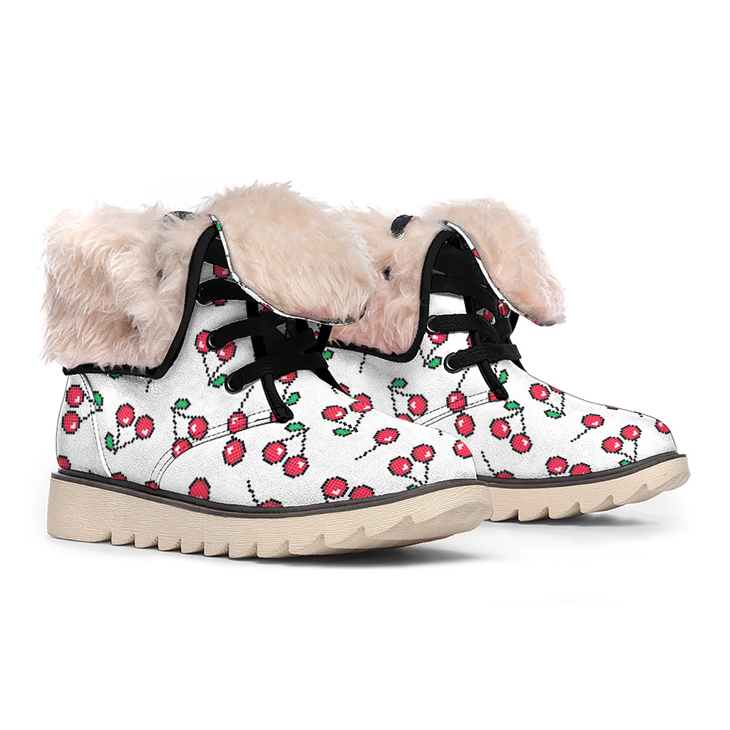 Pixel Cherry Pattern Print Winter Boots
