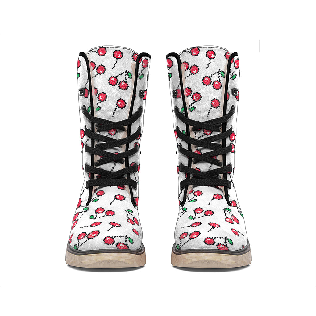 Pixel Cherry Pattern Print Winter Boots