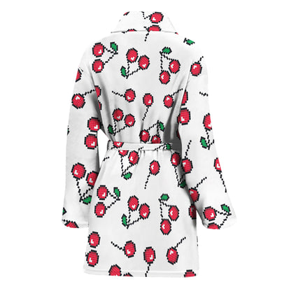 Pixel Cherry Pattern Print Women's Bathrobe