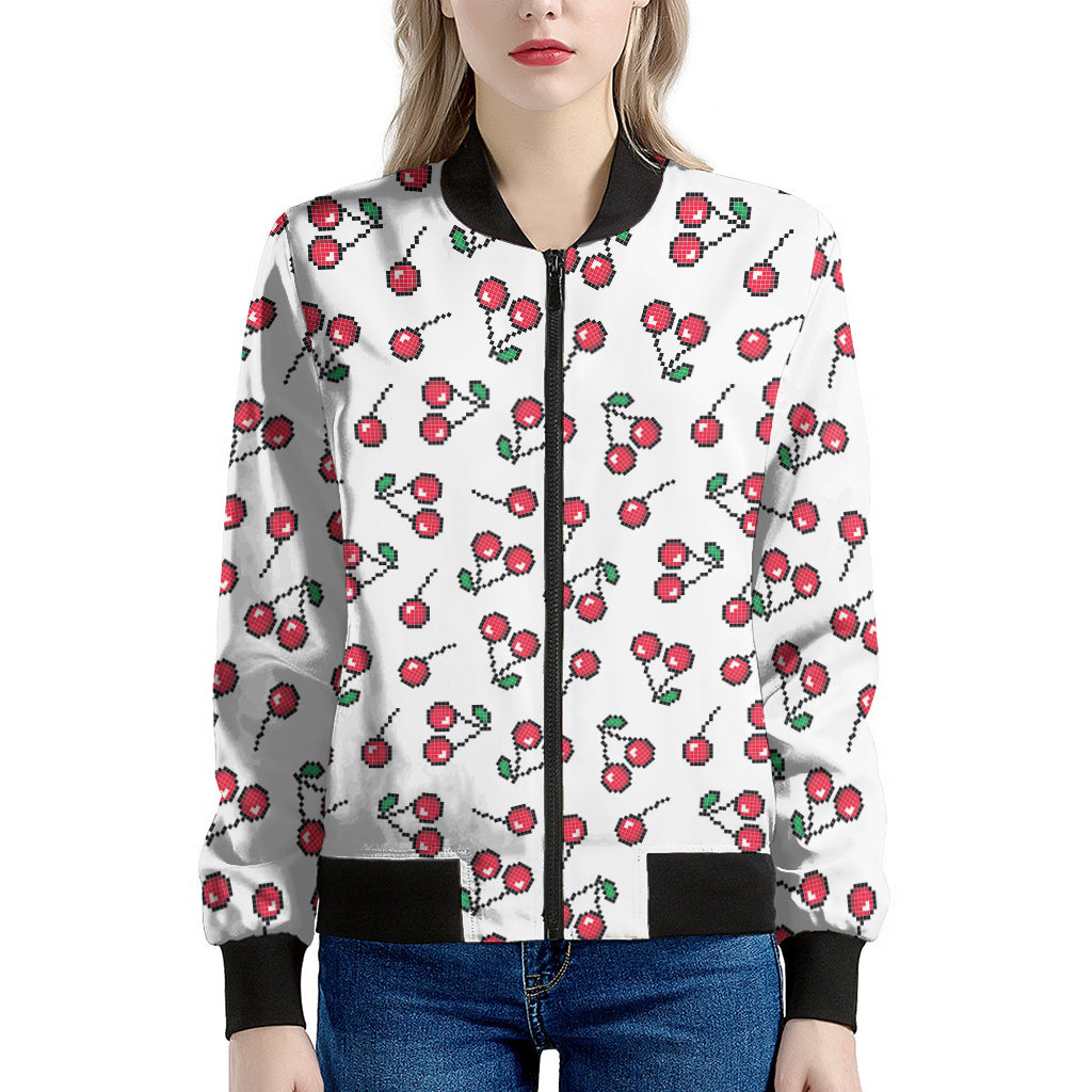 Pixel Cherry Pattern Print Women's Bomber Jacket