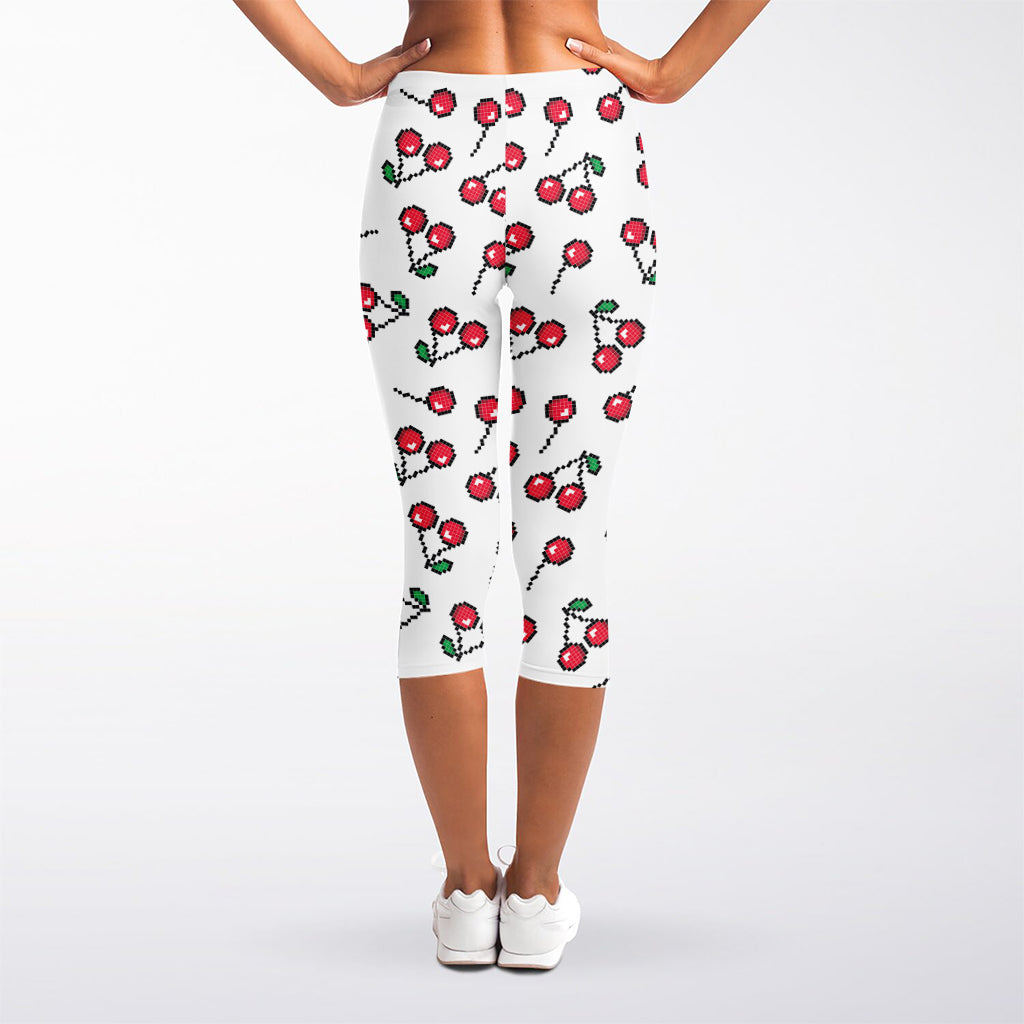 Pixel Cherry Pattern Print Women's Capri Leggings