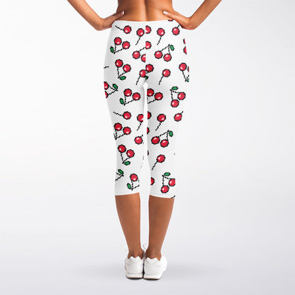 Pixel Cherry Pattern Print Women's Capri Leggings