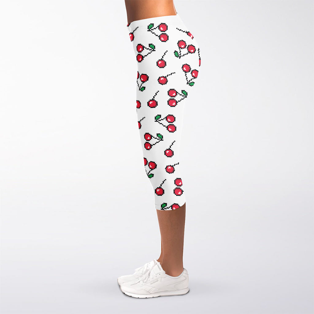 Pixel Cherry Pattern Print Women's Capri Leggings