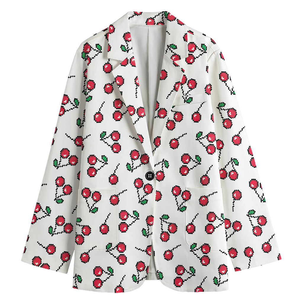 Pixel Cherry Pattern Print Women's Cotton Blazer